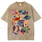 Unisex Colorful Cartoon Fish Printed Washed Tee