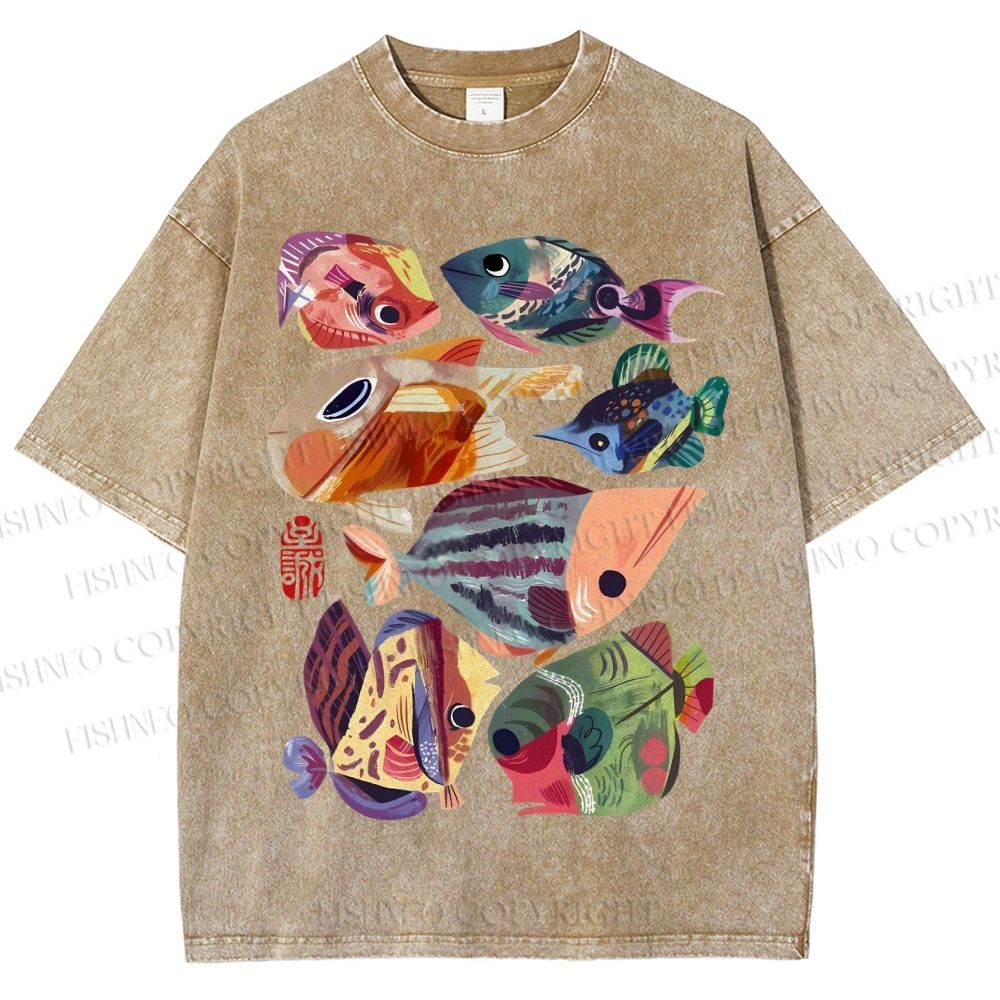 Unisex Colorful Cartoon Fish Printed Washed Tee