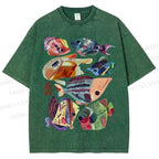Unisex Colorful Cartoon Fish Printed Washed Tee
