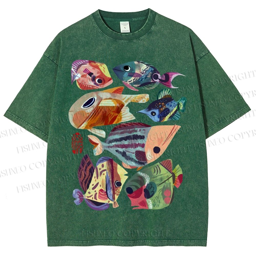 Unisex Colorful Cartoon Fish Printed Washed Tee