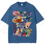 Unisex Colorful Cartoon Fish Printed Washed Tee