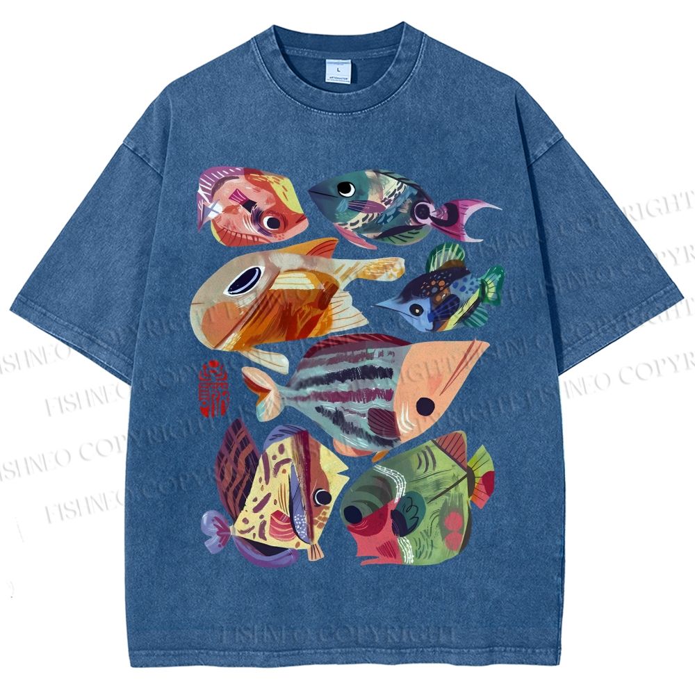 Unisex Colorful Cartoon Fish Printed Washed Tee