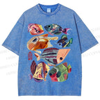 Unisex Colorful Cartoon Fish Printed Washed Tee