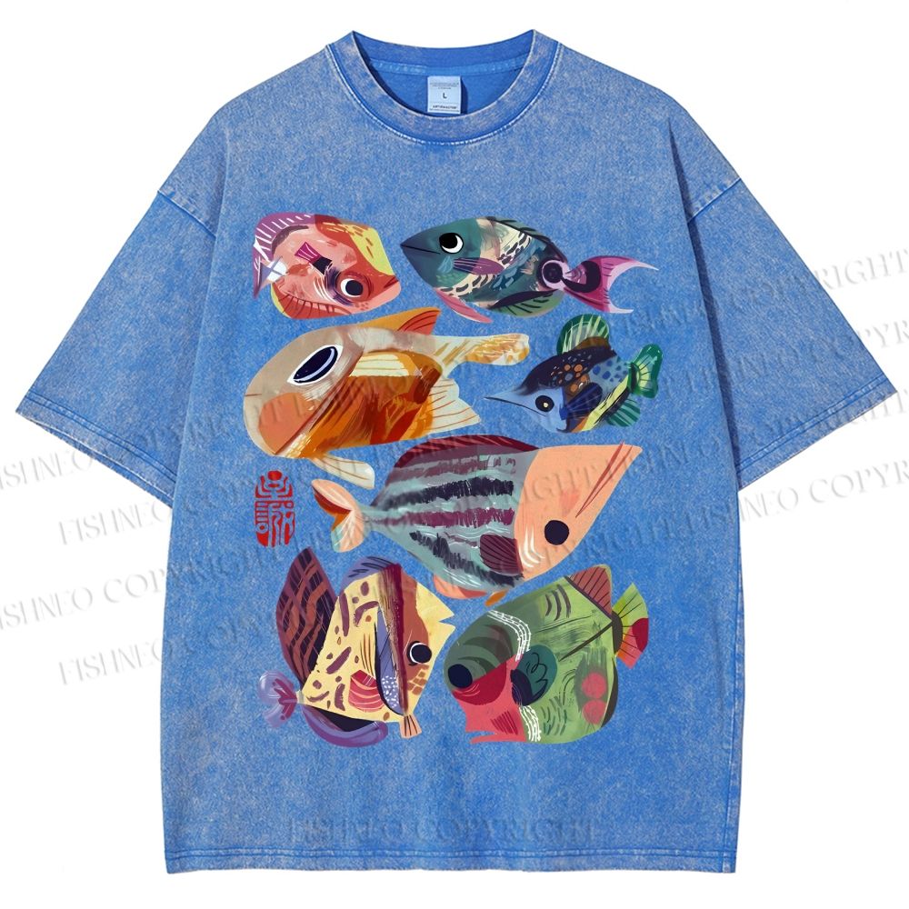 Unisex Colorful Cartoon Fish Printed Washed Tee