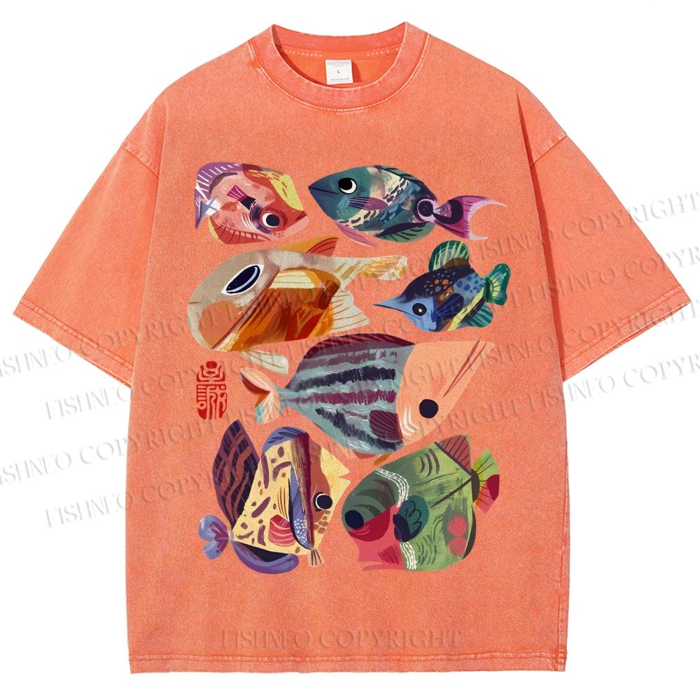 Unisex Colorful Cartoon Fish Printed Washed Tee
