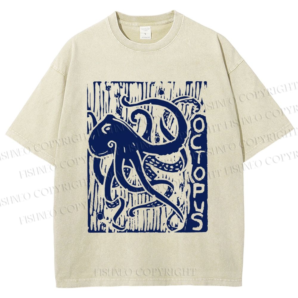Unisex Vintage Octopus Printed Washed Tee