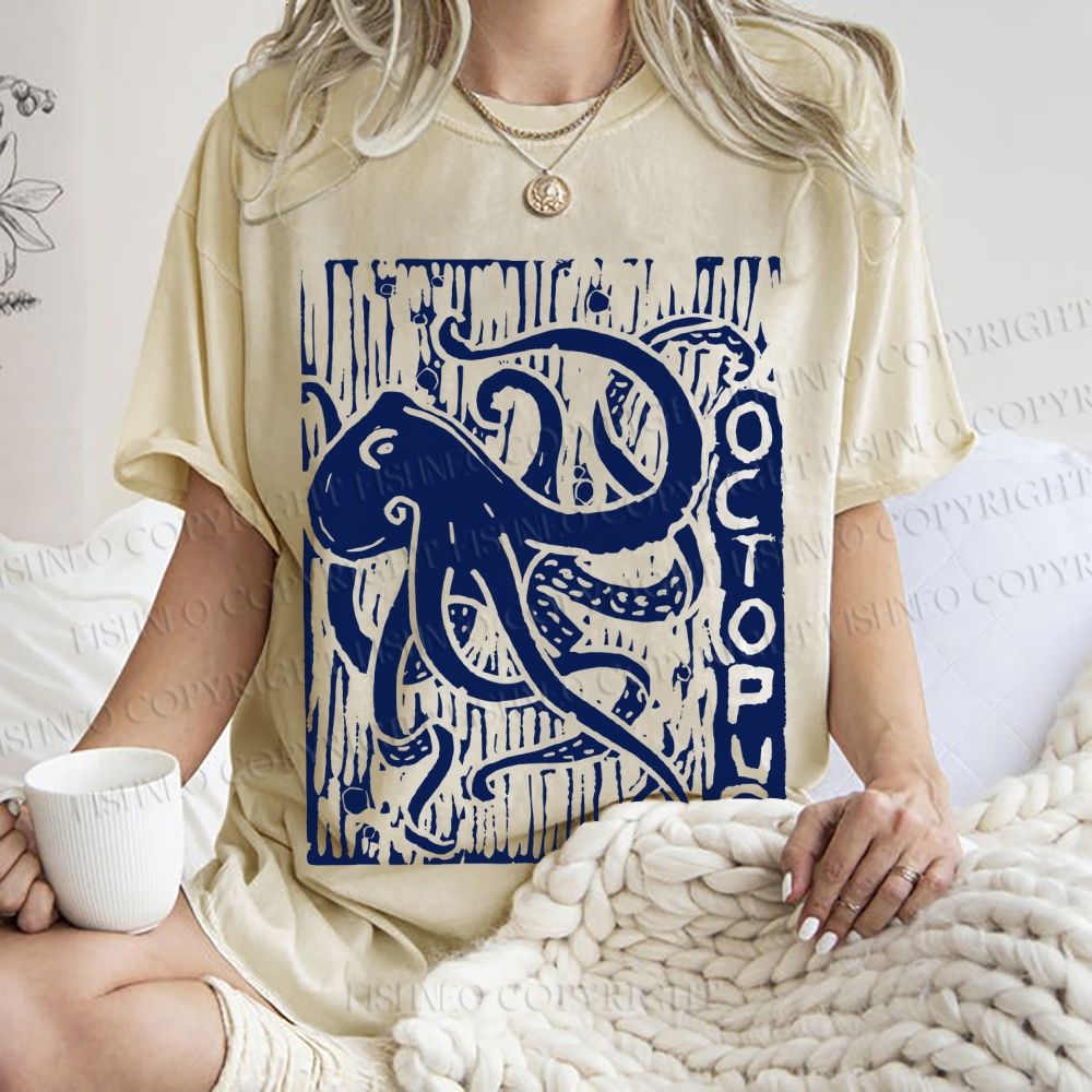 Unisex Vintage Octopus Printed Washed Tee