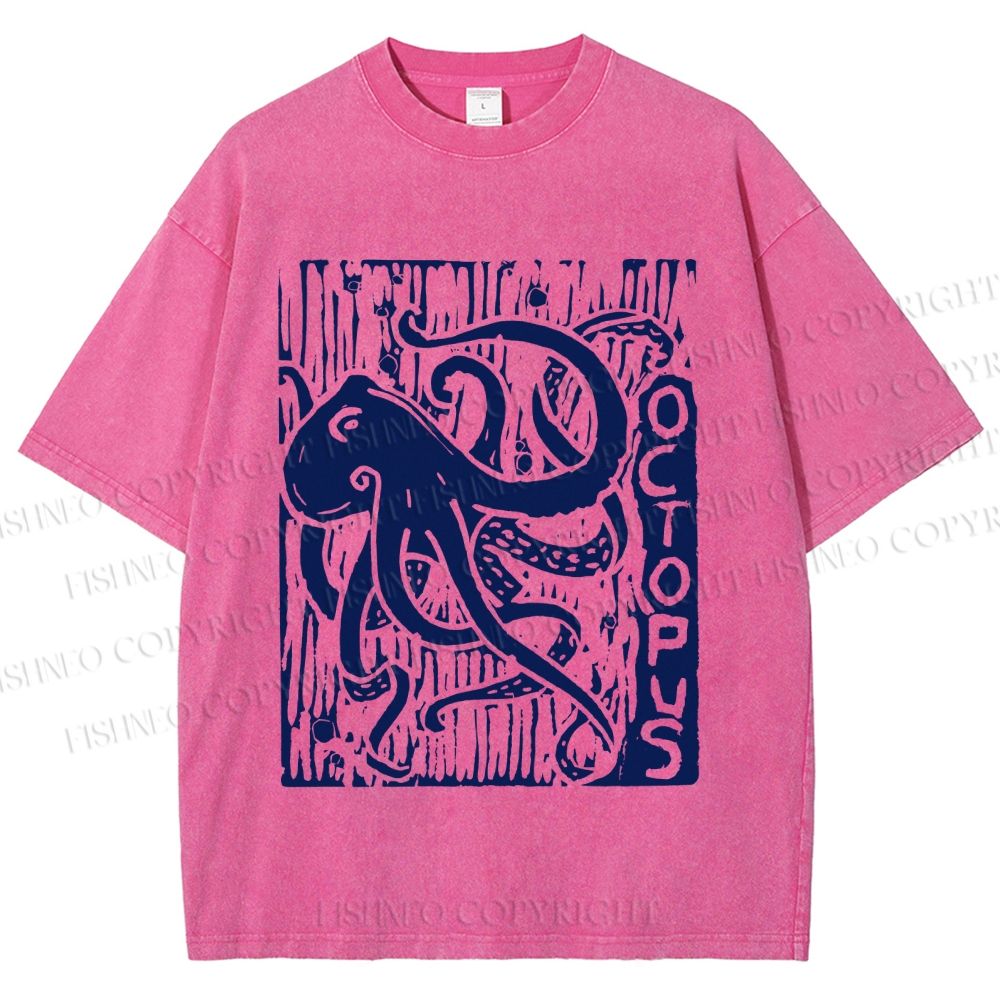 Unisex Vintage Octopus Printed Washed Tee