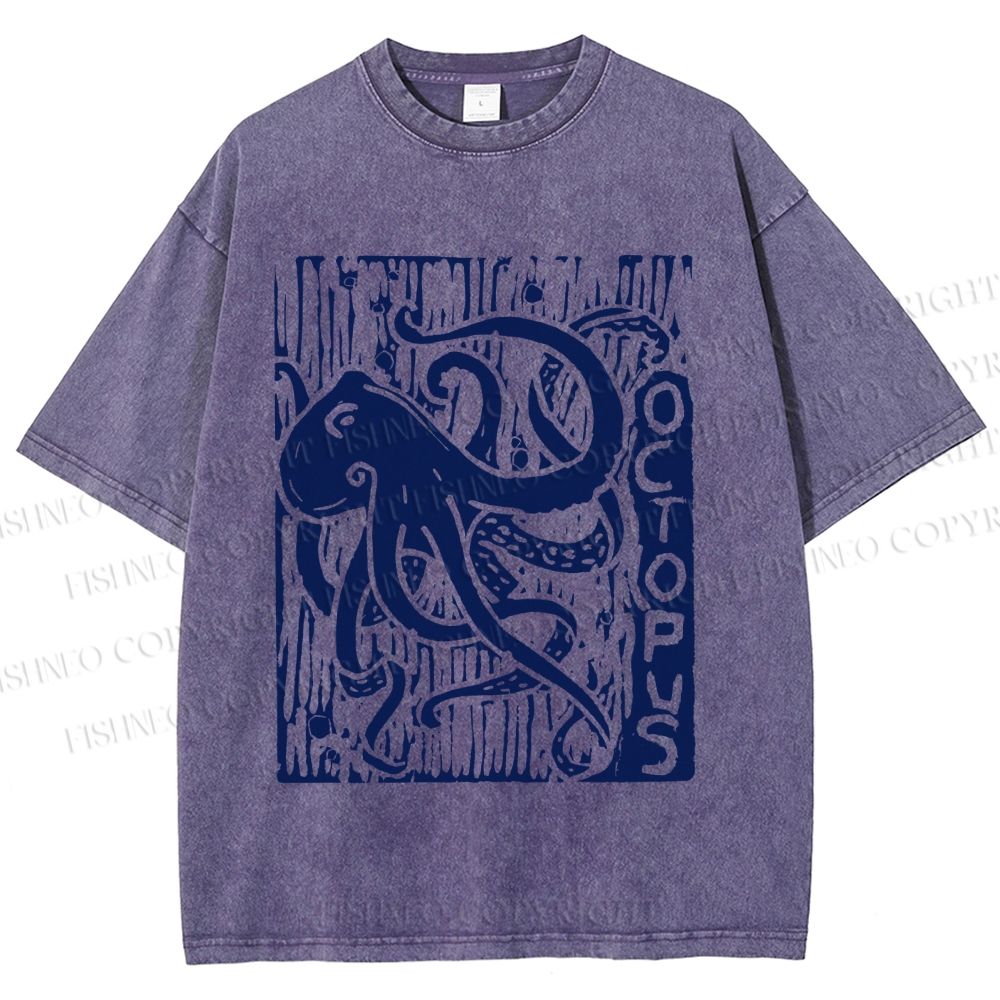 Unisex Vintage Octopus Printed Washed Tee