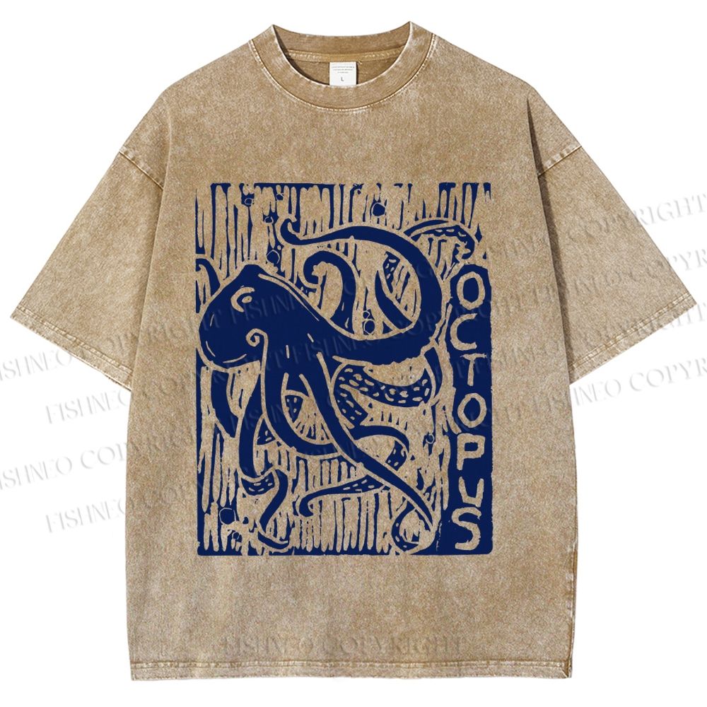 Unisex Vintage Octopus Printed Washed Tee
