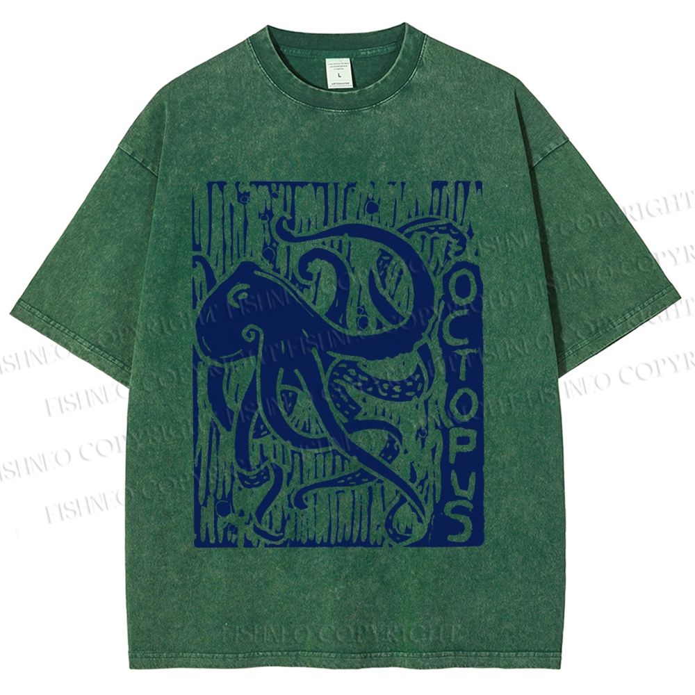Unisex Vintage Octopus Printed Washed Tee