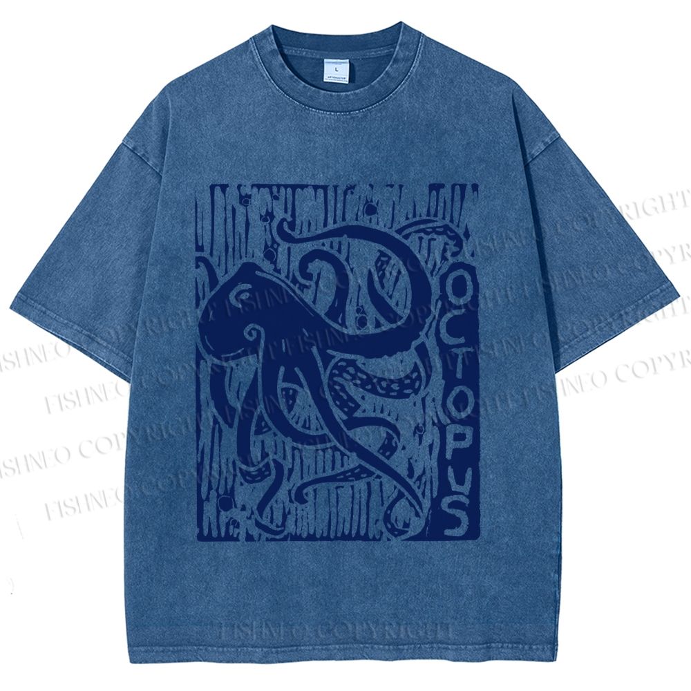 Unisex Vintage Octopus Printed Washed Tee