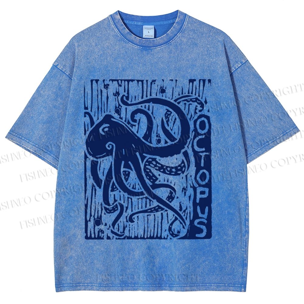 Unisex Vintage Octopus Printed Washed Tee