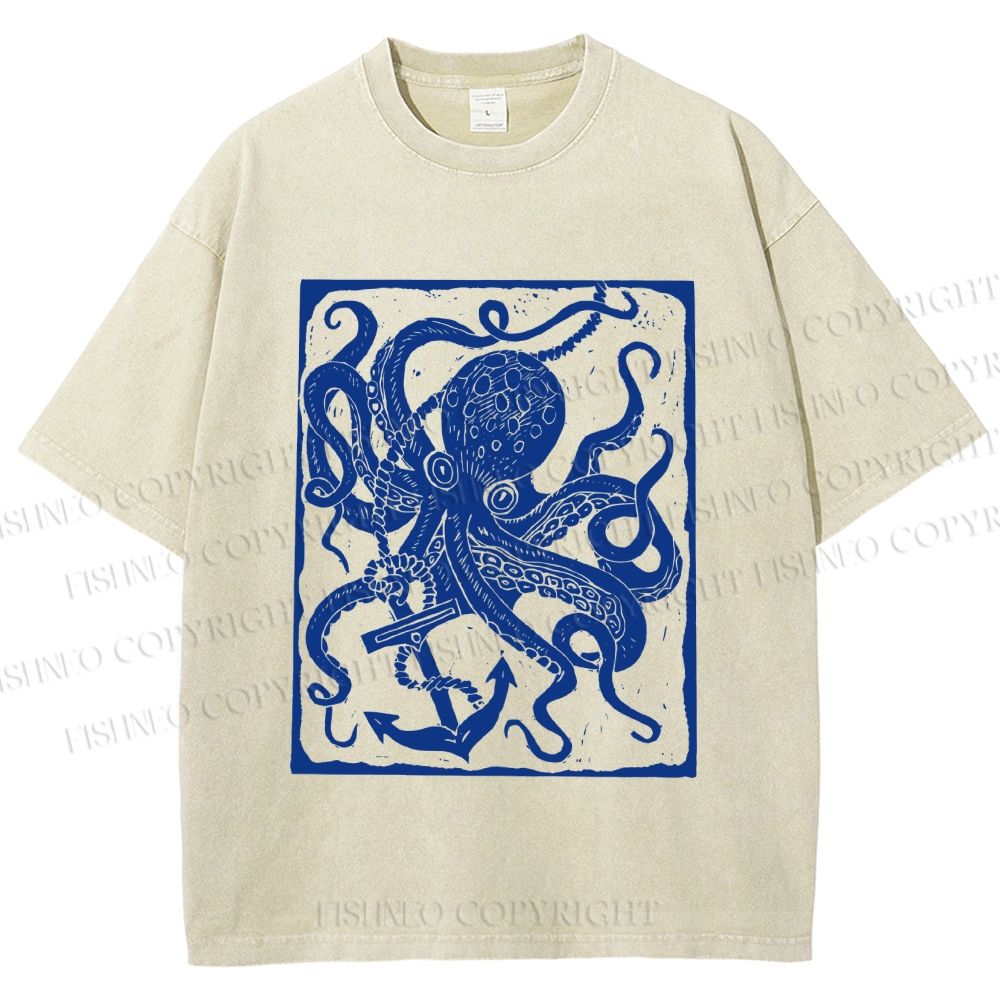 Unisex Vintage Octopus Printed Washed Tee