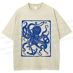 Unisex Vintage Octopus Printed Washed Tee
