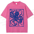 Unisex Vintage Octopus Printed Washed Tee