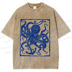 Unisex Vintage Octopus Printed Washed Tee
