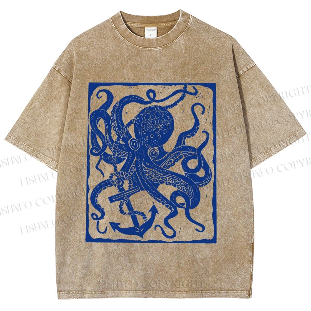Unisex Vintage Octopus Printed Washed Tee
