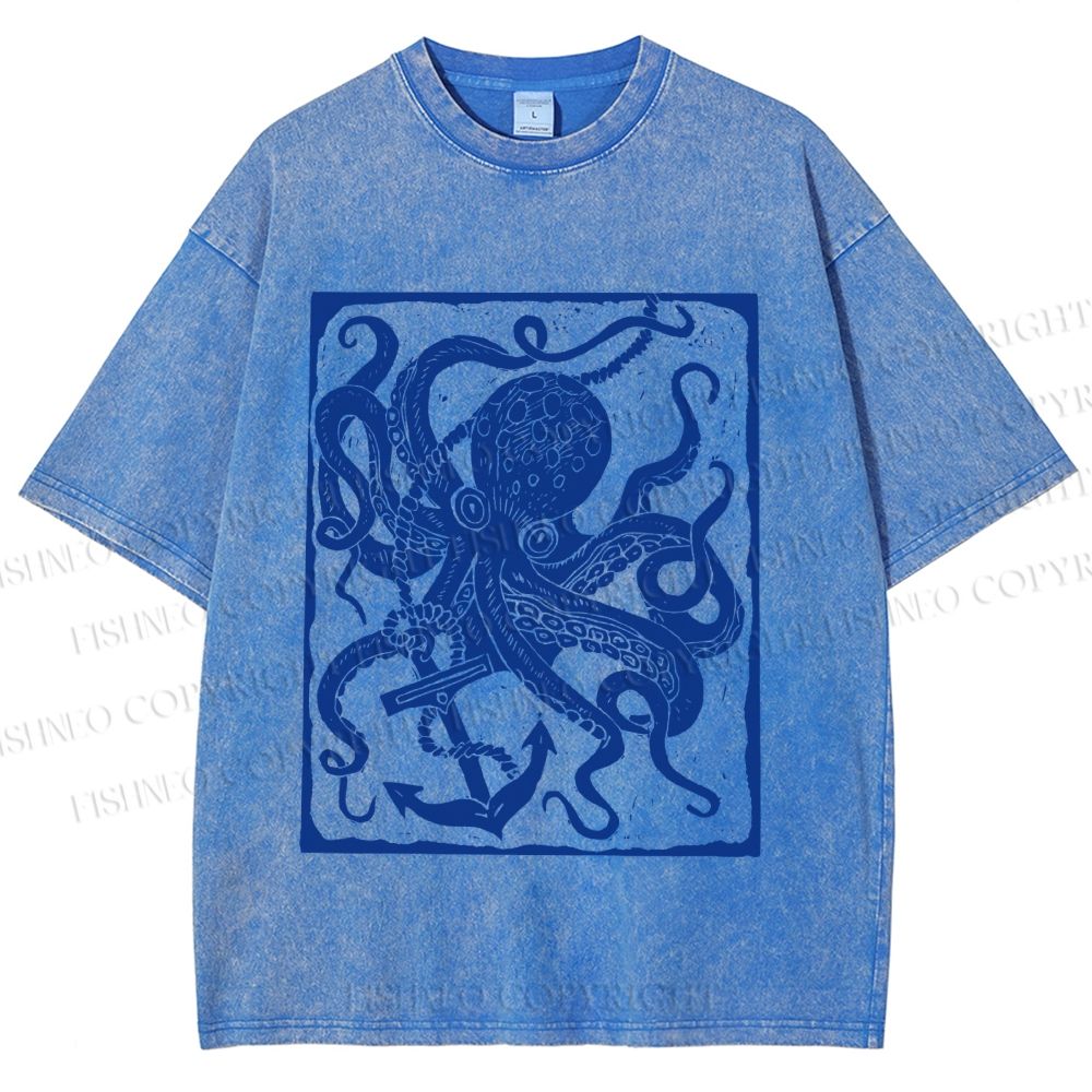 Unisex Vintage Octopus Printed Washed Tee