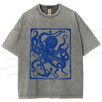 Unisex Vintage Octopus Printed Washed Tee