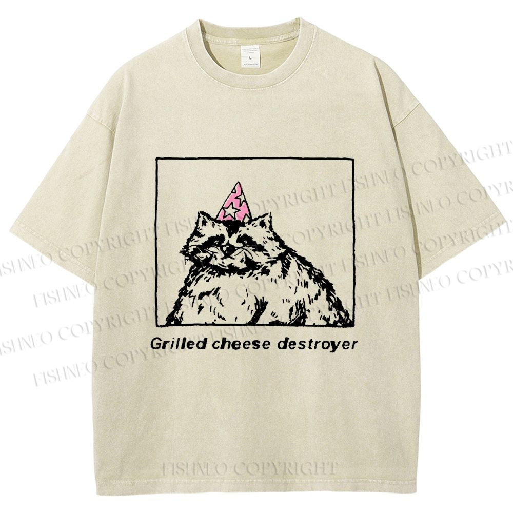 Unisex Vintage Raccoon Grilled Cheese Destroyer Printed Washed Tee