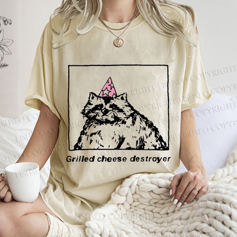 Unisex Vintage Raccoon Grilled Cheese Destroyer Printed Washed Tee