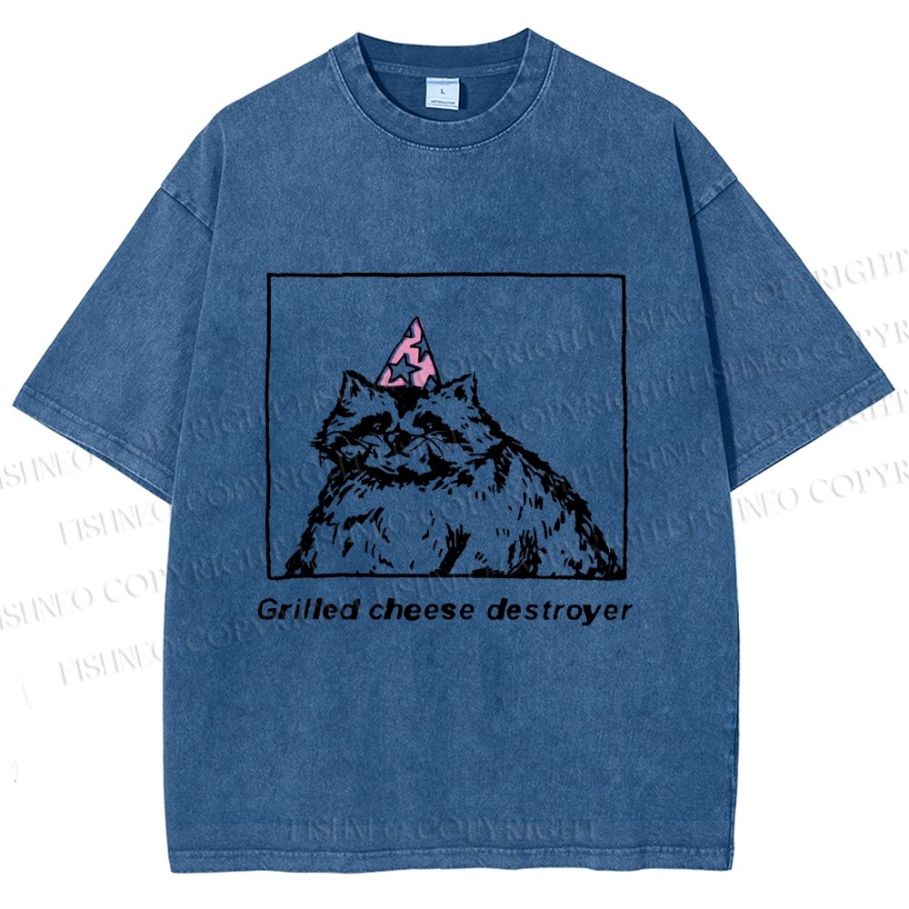 Unisex Vintage Raccoon Grilled Cheese Destroyer Printed Washed Tee