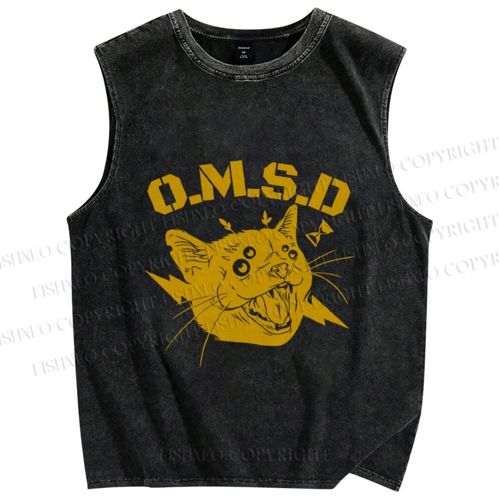 Unisex Shouting Cat Printed Washed Tank Top