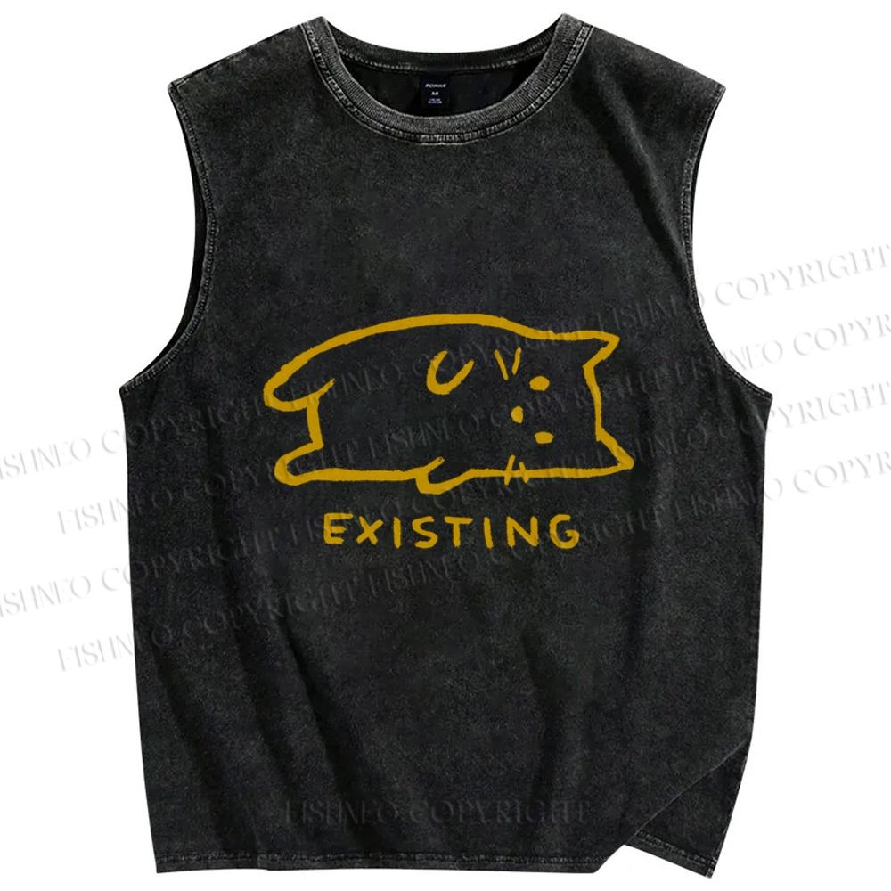 Unisex Laying Cat Existing Printed Washed Tank Top