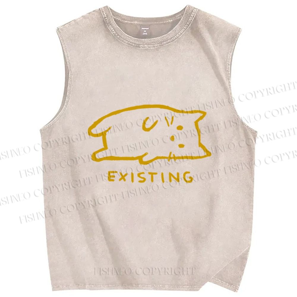 Unisex Laying Cat Existing Printed Washed Tank Top