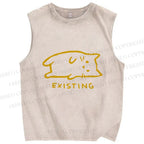 Unisex Laying Cat Existing Printed Washed Tank Top
