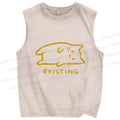Unisex Laying Cat Existing Printed Washed Tank Top