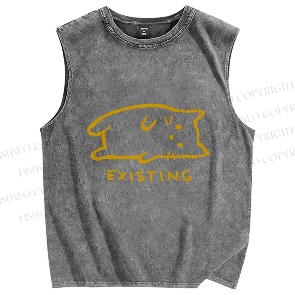 Unisex Laying Cat Existing Printed Washed Tank Top