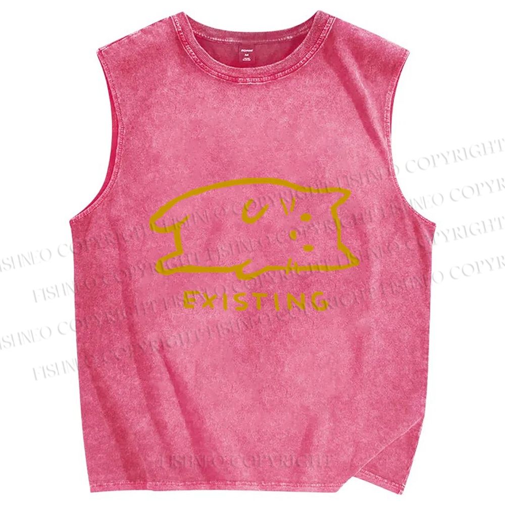 Unisex Laying Cat Existing Printed Washed Tank Top