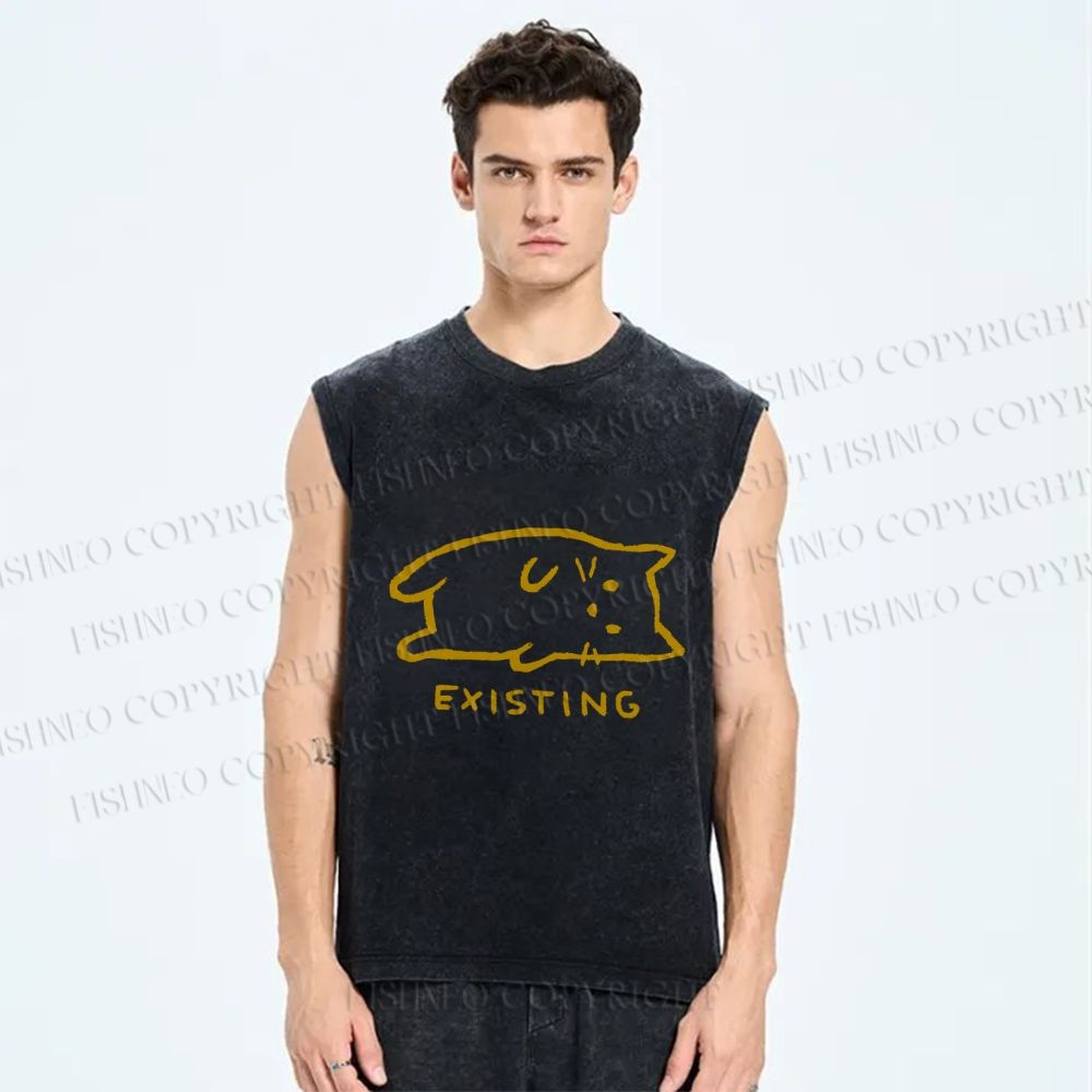 Unisex Laying Cat Existing Printed Washed Tank Top