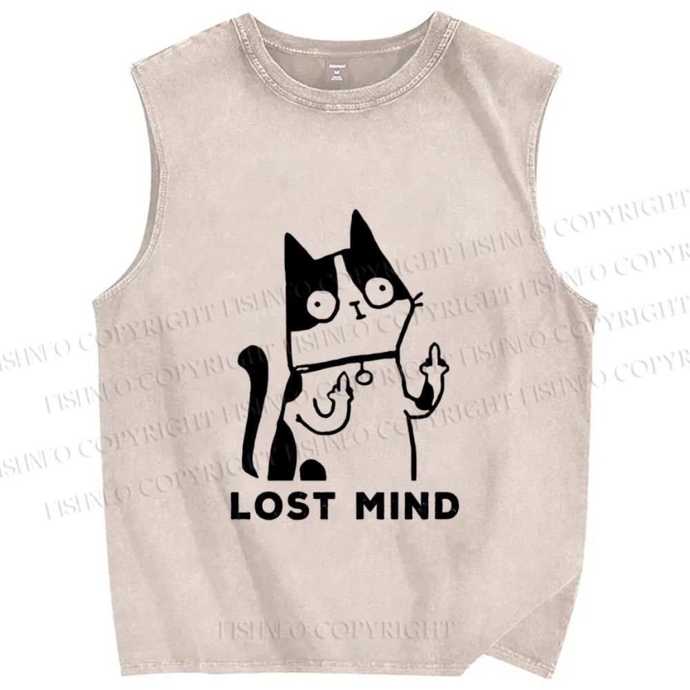 Unisex Lost Mind Cat Printed Washed Tank Top