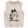 Unisex Lost Mind Cat Printed Washed Tank Top