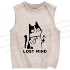 Unisex Lost Mind Cat Printed Washed Tank Top