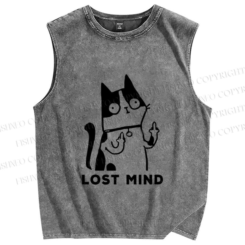 Unisex Lost Mind Cat Printed Washed Tank Top