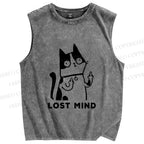 Unisex Lost Mind Cat Printed Washed Tank Top