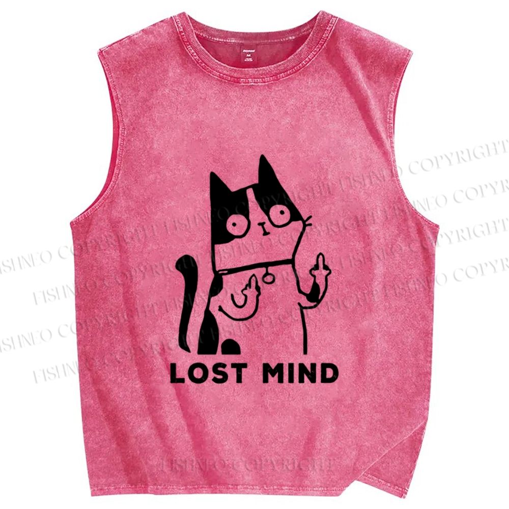 Unisex Lost Mind Cat Printed Washed Tank Top