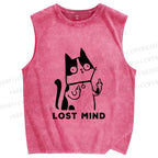 Unisex Lost Mind Cat Printed Washed Tank Top