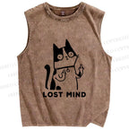 Unisex Lost Mind Cat Printed Washed Tank Top