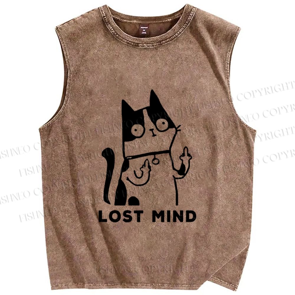 Unisex Lost Mind Cat Printed Washed Tank Top