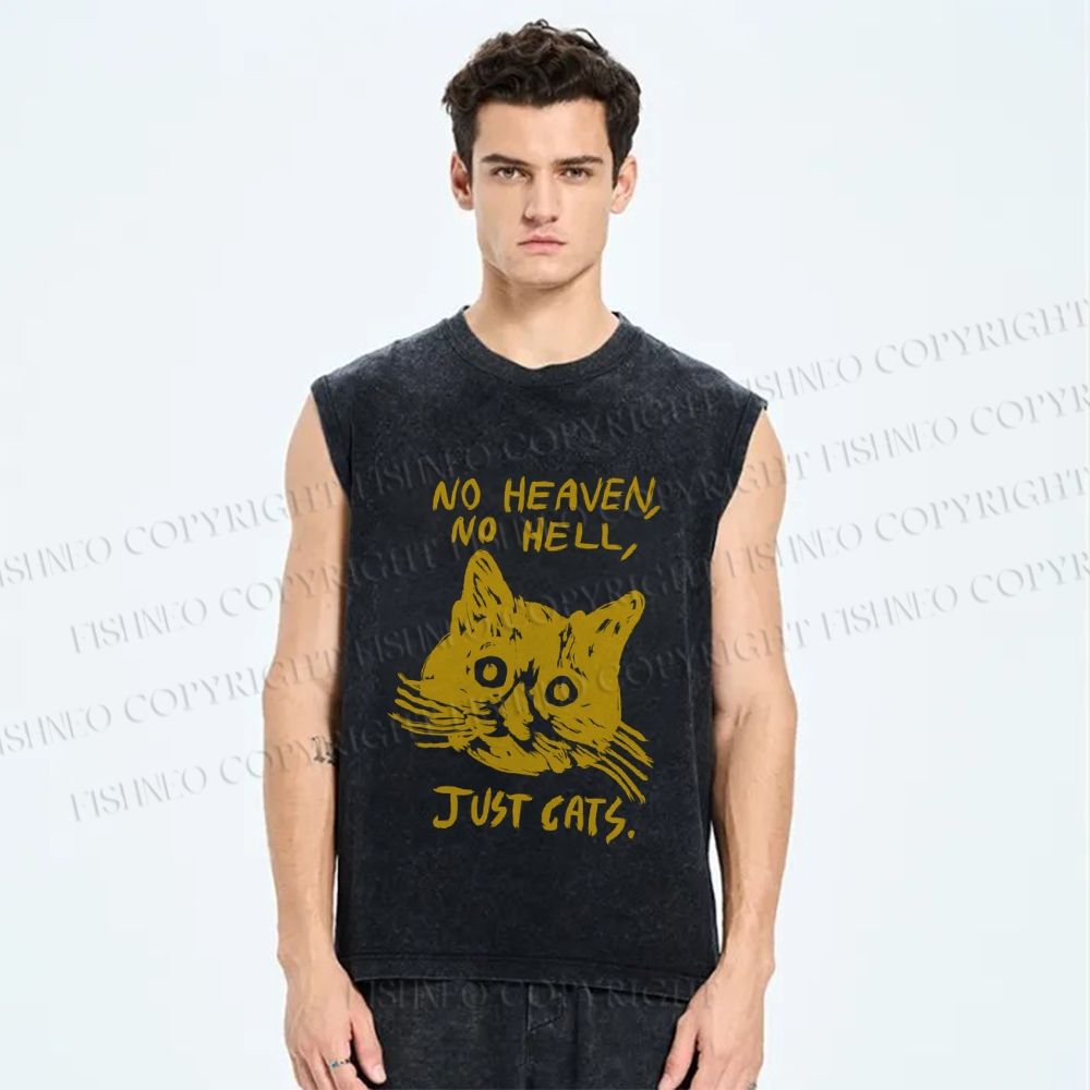Unisex No Heaven No Hell Just Cat Printed Washed Tank Top