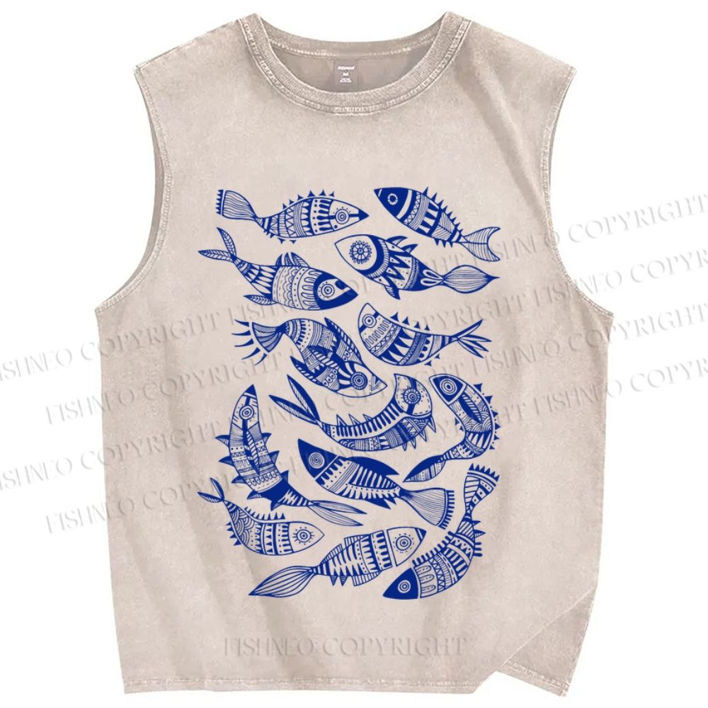 Unisex Vintage Fish Graffiti Printed Washed Tank Top