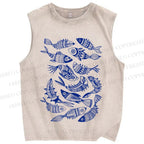 Unisex Vintage Fish Graffiti Printed Washed Tank Top