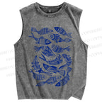 Unisex Vintage Fish Graffiti Printed Washed Tank Top