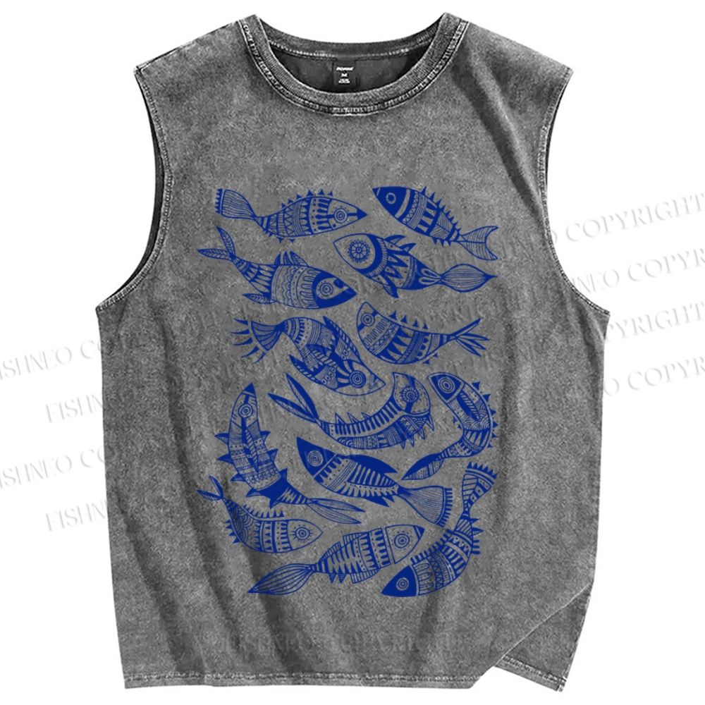 Unisex Vintage Fish Graffiti Printed Washed Tank Top