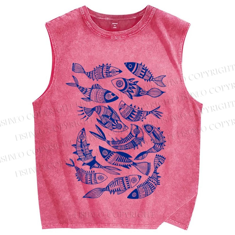 Unisex Vintage Fish Graffiti Printed Washed Tank Top